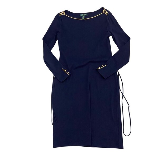 Lauren Ralph Lauren Navy Long Sleeve Dress M 100% Cotton With Gold Button & trim - Picture 1 of 12
